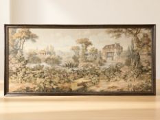 A large needlework tapestry depicting a lake, in frame, overall 77 cm x 160 cm.