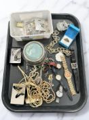 A group of costume jewellery, lizard brooch, wristwatches, dress ring, perfume bottle, coins.