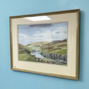 June Colvin : A river running through moorland, pastel drawing, 44 cm x 32 cm.