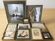 A group of pictures and prints including a tapestry panel, oil on board signed G R Peart, etc.