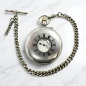 An antique silver half hunter pocket watch on silver plated Albert chain with T bar.