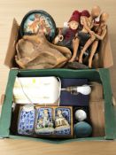 Two boxes of wooden figures, wooden bowl,