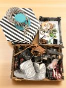 A quantity of belts, hat box, costume jewellery, new stock double bed sheets, rice cooker,