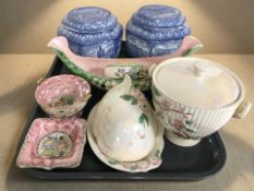 A pair of Ringtons hexagonal blue and white caddies, and several items of Maling lustre china.