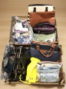 Two boxes of hand bags and holdalls