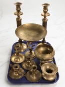 A tray of brass candlesticks, comport, etc.