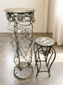 A contemporary metal plant stand, height 94 cm, together with a smaller mosaic topped table.