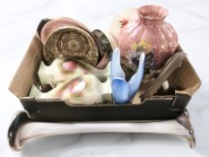 A box containing ceramics, large glass vase, plates, etc.