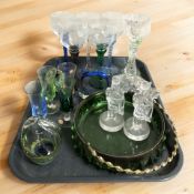 A tray of coloured glass, continental wine glasses, etc.