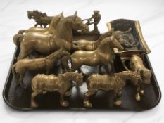 A tray of brass horse figures, horse and cart, etc.