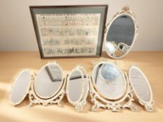 Two cream and gilt triptych dressing table mirrors, tallest 66 cm,