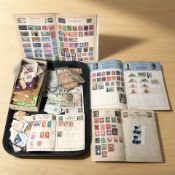 Assorted stamps, loose and in albums, bank notes including a £5 and £10 note, etc.