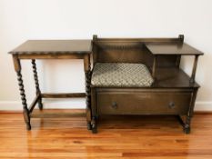 A 20th century oak telephone seat, width 84 cm,