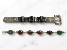 A Victorian agate bracelet with belt buckle clasp together with a Scottish cabochon bracelet backed
