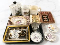 A Limoges porcelain decanter depicting exotic birds, a Royal Crown Derby twin handled bowl No.