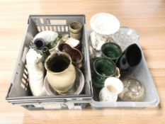 Assorted ceramics and glasswares, Staffordshire dog, glass bottles, vases and planters.