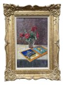 Christopher Robinson (Contemporary) : Still life with roses and portrait of Van Gogh, oil on board,