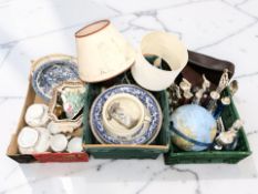 Assorted ceramics, tea and dinner wares, a globe, trophies, table lamps, etc.