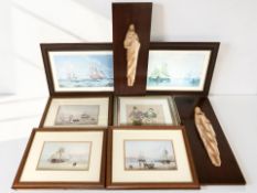 A pair of religious relief panels, several nautical prints and a needlework embroidery.