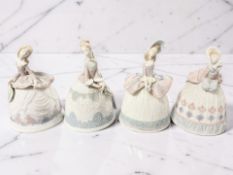 Four Lladro porcelain bells in the form of ladies, height 11.5 cm.