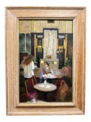 Christopher Robinson (Contemporary) : Figures in a cafe, oil on board, 23 cm x 35 cm.