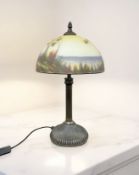 A mushroom table lamp with reverse painted glass shade depicting a landscape, height 53 cm.