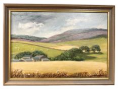 June Colvin : Farm buildings on Northumberland landscape, 44 cm x 30 cm.