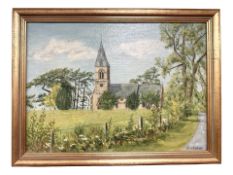 June Colvin : Study of a church by a lane, oil on canvas, 44 cm x 31 cm.