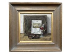 Christopher Robinson (Contemporary) : Still life of a glass of wine with an artist's palette,
