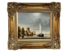 Bernard Page : Fishing boats in calm waters in a continental harbour, oil on panel, 24 cm x 29 cm.