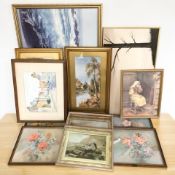 Assorted pictures and prints, Mary Baker watercolour study of a town dated 1954, etc.