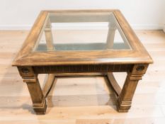 A reproduction glass inset square lamp table, width 66 cm.