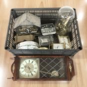 A group of mantel timepieces, clock under dome, reproduction wall clock, etc.