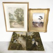 Frank Arnold : Two women conversing on a rural path, watercolour, 33 cm x 24 cm,