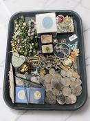 A collection of crowns, fifty pence pieces, various costume jewellery, small die cast model ships,