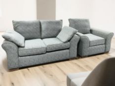 A modern two seater settee in blue grey fabric, width 163 cm, together with a matching armchair.