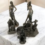 Two Florence resin figures of ladies and three further resin figures and groups.