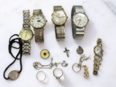 A 9ct gold band ring, a pendant on broken chain stamped 375, five watches signed Avia, Acqua, Smart,