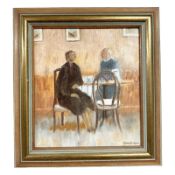 June Colvin : Figures in a cafe, oil on board, 19 cm x 21 cm.