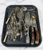Assorted EPNS cutlery, pair of antler handled fish servers, etc.