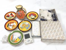 A group of Wedgwood Clarice Cliff collector's plates, Coalport porcelain mantel timepiece,