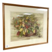 Eleanor Patricia Dyson (British b.1922) Still life of flowers in a trug, watercolour, 42 cm x 32 cm.