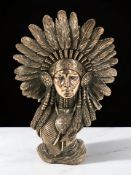 A reproduction patinated metal bust of a Native American, height 32 cm.