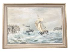 June Colvin : Boats in rough seas, oil on canvas, 45 cm x 30 cm.