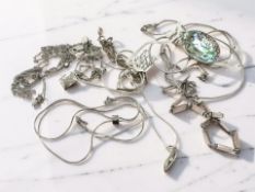 A group of Sterling silver necklaces, abalone pendant on chain,