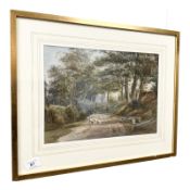 E M Wynne : A shepherd droving sheep on a woodland path, watercolour, 36 cm x 25 cm.