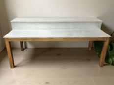 A contemporary hardwood and galvanised metal two-tiered desk / serving table,