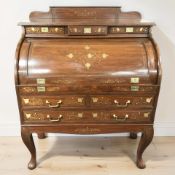 An Eastern hardwood and brass inlaid cylinder bureau, 100 cm x 57 cm x 103 cm.