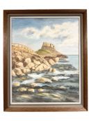 June Colvin : Rocks by the shore at Holy Island, oil on canvas, 38 cm x 48 cm.