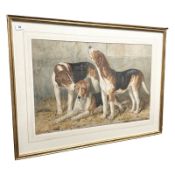 Henry Burdon Richardson (1826-1874) : Three hounds resting in a barn, watercolour, 69 cm x 46 cm.